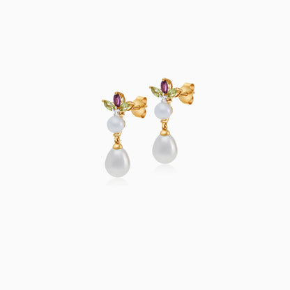 18K Yellow Gold Earrings with Diamond, Gemstone Flowers & Pearls – Danah Collection