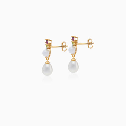 18K Yellow Gold Earrings with Diamond, Gemstone Flowers & Pearls – Danah Collection