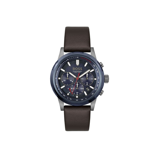 Boss Watch Quartz Solar movement in a Round case with Brown Leather Strap and Blue Dial
