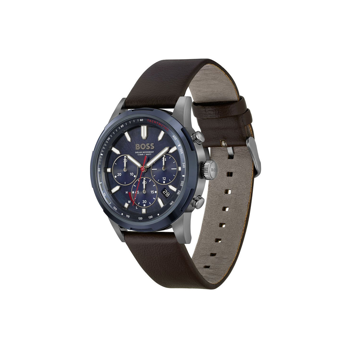 Boss Watch Quartz Solar movement in a Round case with Brown Leather Strap and Blue Dial