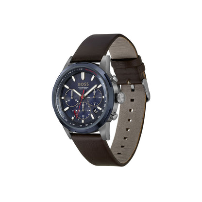Boss Watch Quartz Solar movement in a Round case with Brown Leather Strap and Blue Dial