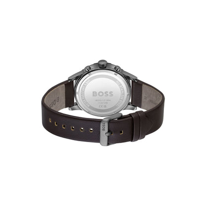 Boss Watch Quartz Solar movement in a Round case with Brown Leather Strap and Blue Dial