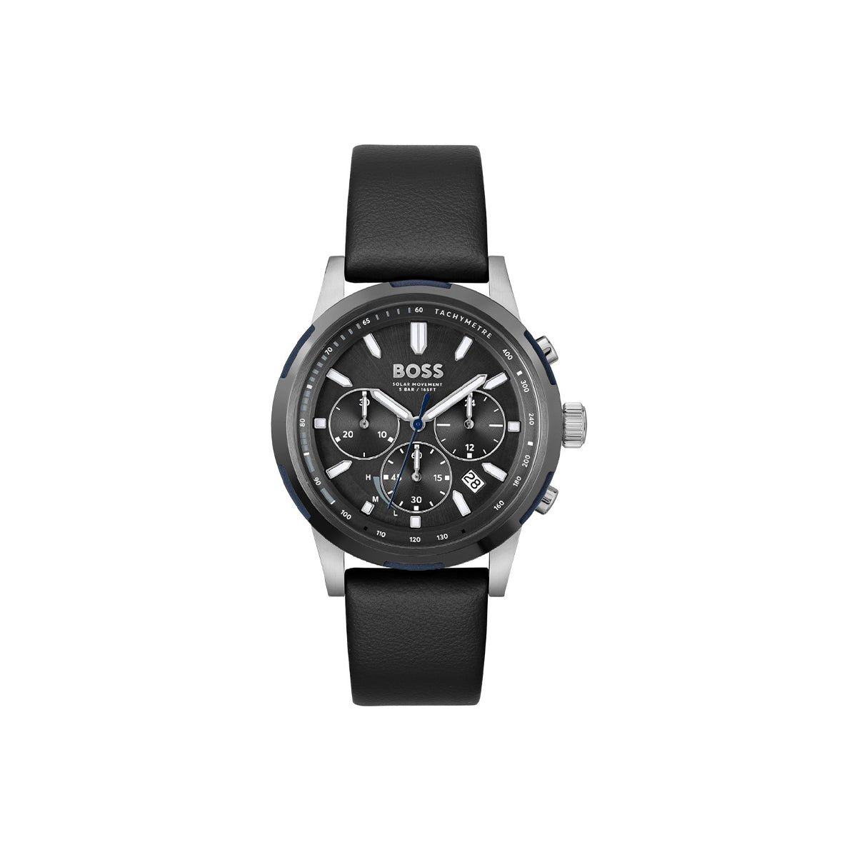 Boss Watch Quartz movement in a Round case with Black Leather Strap and Grey Dial