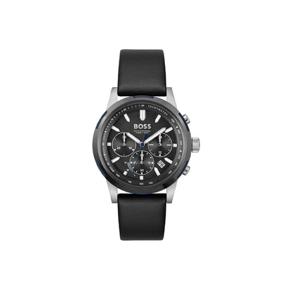Boss Watch Quartz movement in a Round case with Black Leather Strap and Grey Dial