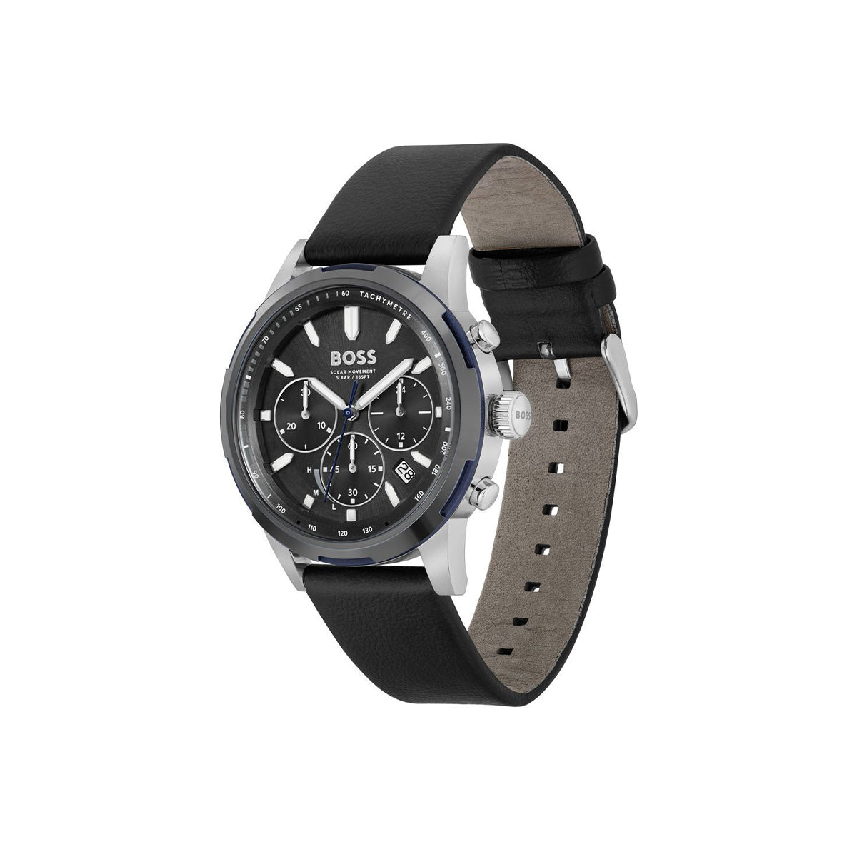 Boss Watch Quartz movement in a Round case with Black Leather Strap and Grey Dial