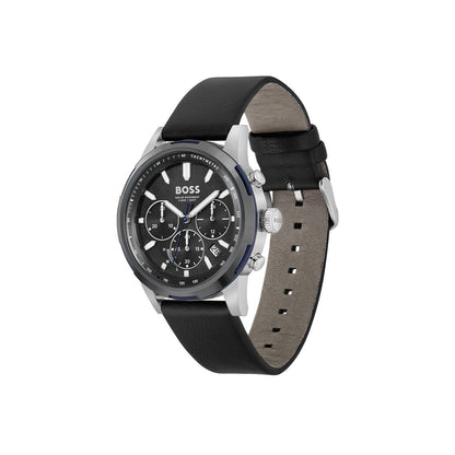 Boss Watch Quartz movement in a Round case with Black Leather Strap and Grey Dial