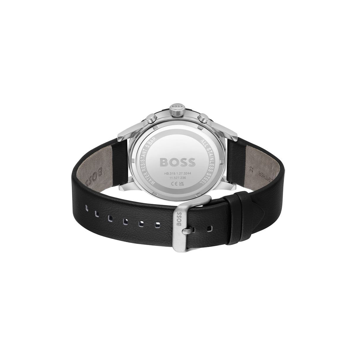 Boss Watch Quartz movement in a Round case with Black Leather Strap and Grey Dial