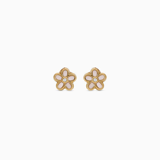 18K Gold Flower Shape Earrings with Center Zircon for Kids