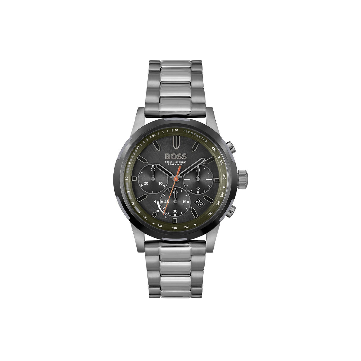 Boss Quartz movement Watch in a Round case with Grey Stainless steel bracelet and Green Dial