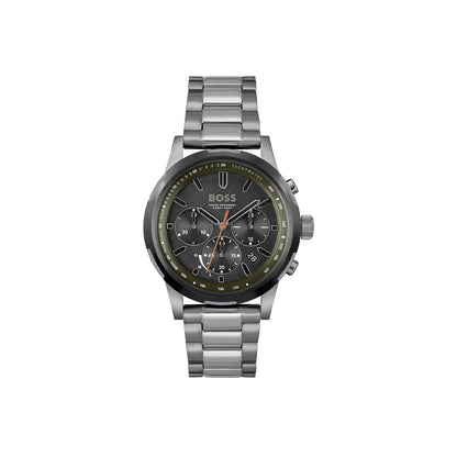 Boss Quartz movement Watch in a Round case with Grey Stainless steel bracelet and Green Dial