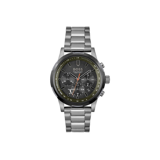 Boss Quartz movement Watch in a Round case with Grey Stainless steel bracelet and Green Dial