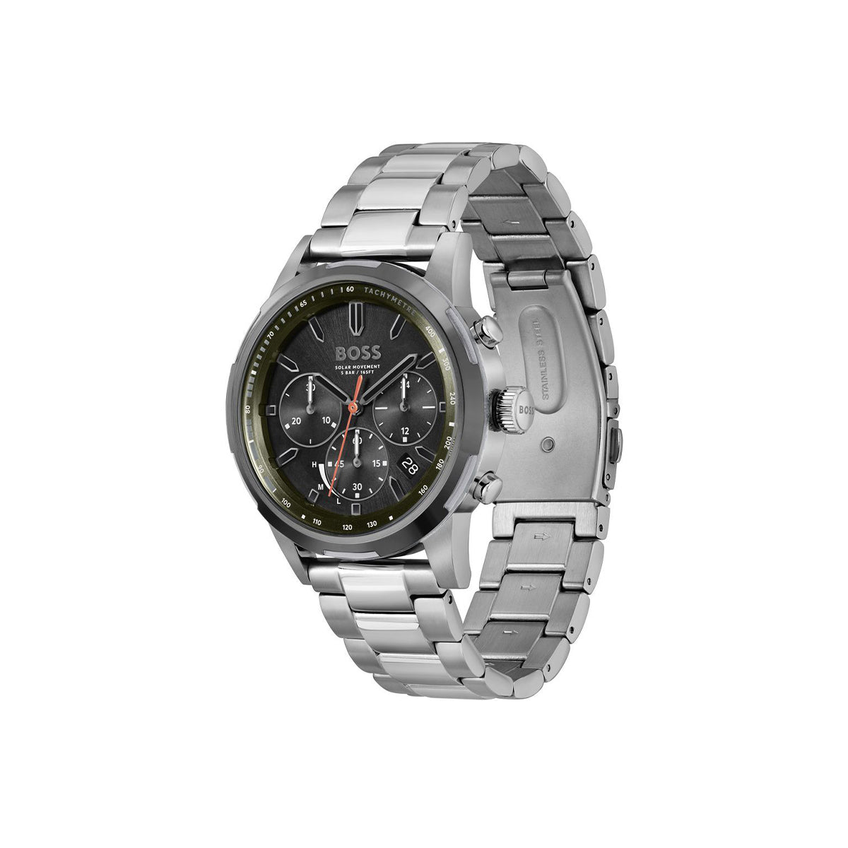 Boss Quartz movement Watch in a Round case with Grey Stainless steel bracelet and Green Dial