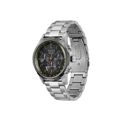 Boss Quartz movement Watch in a Round case with Grey Stainless steel bracelet and Green Dial