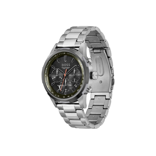 Boss Quartz movement Watch in a Round case with Grey Stainless steel bracelet and Green Dial