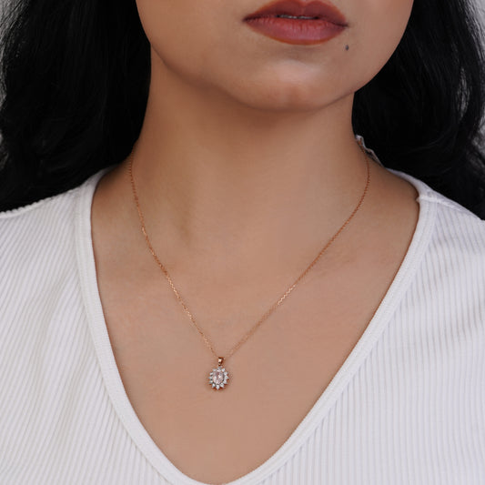 18K ROSE GOLD NECKLACE DECORATED WITH NATURAL DIAMOND AND ROSE QUARTZ IN THE CENTRE