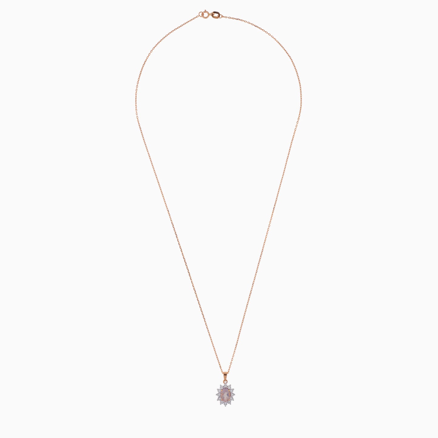 18K ROSE GOLD NECKLACE DECORATED WITH NATURAL DIAMOND AND ROSE QUARTZ IN THE CENTRE