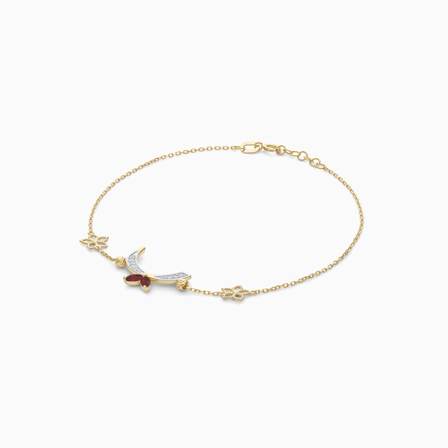 18K Yellow Gold Arabic Letter 'Raa' Bracelet with Diamonds & Red Garnet | Horoufi Diamond Collection