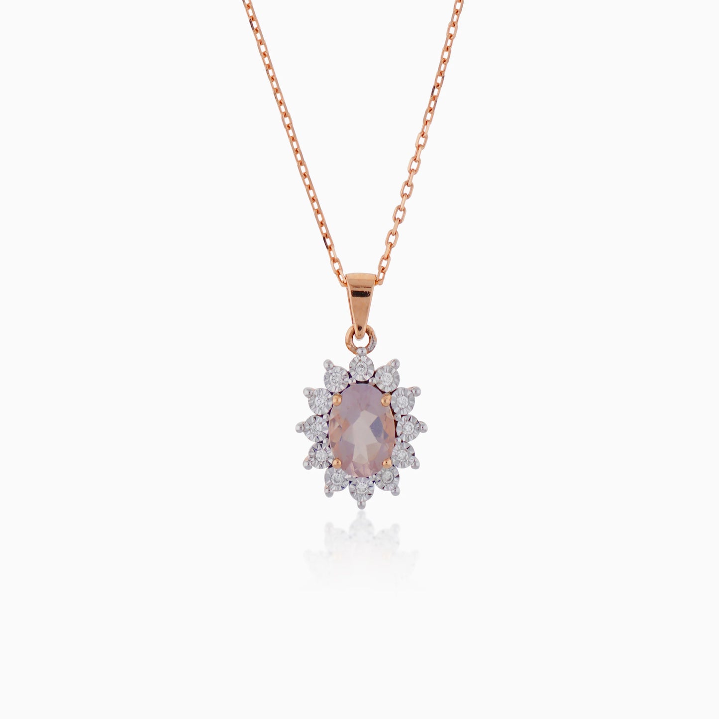 18K ROSE GOLD NECKLACE DECORATED WITH NATURAL DIAMOND AND ROSE QUARTZ IN THE CENTRE