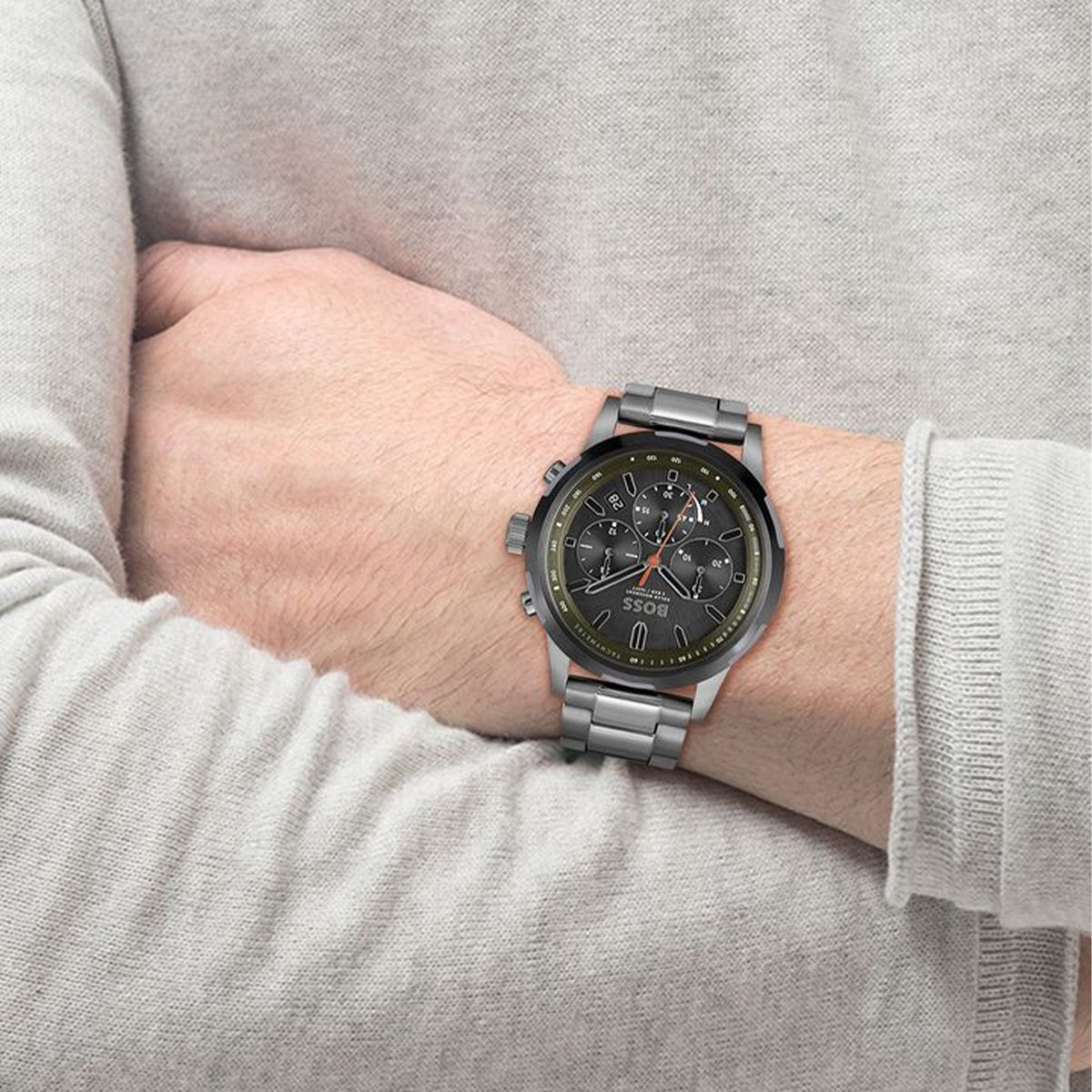 Boss Quartz movement Watch in a Round case with Grey Stainless steel bracelet and Green Dial