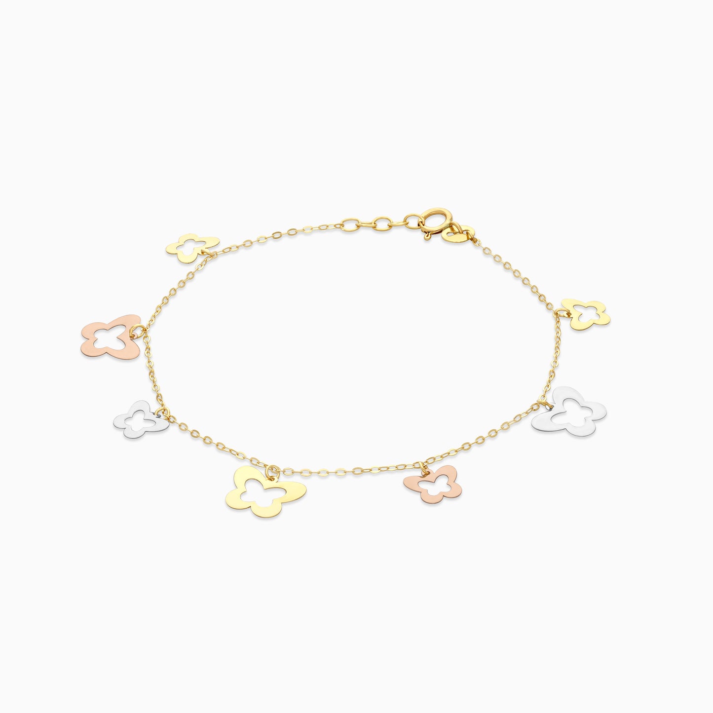 18K Multicolour Gold Charm Bracelet with 2 sizes Dangling Butterflies