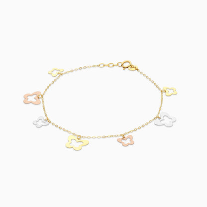 18K Multicolour Gold Charm Bracelet with 2 sizes Dangling Butterflies