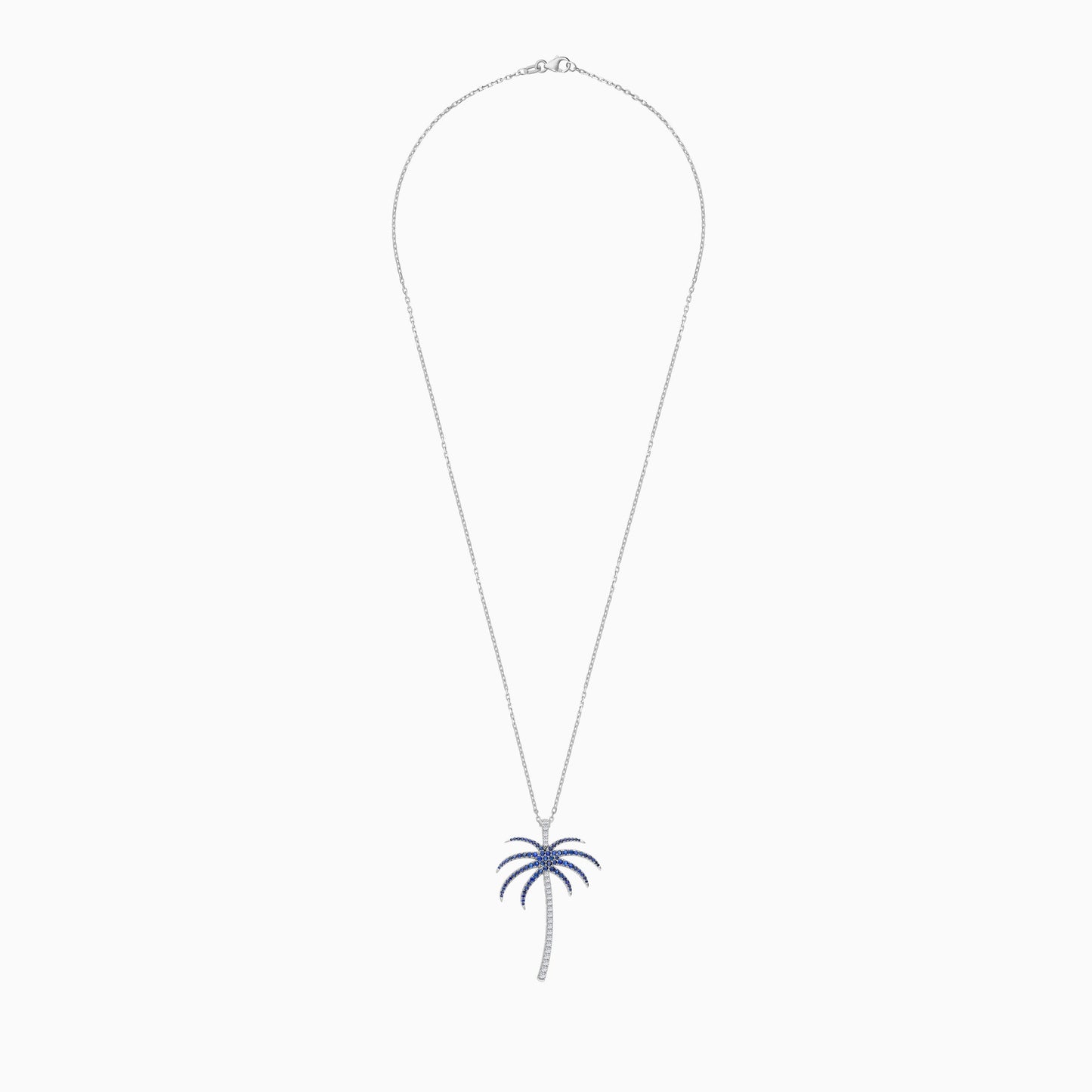 18K White Gold Chain with Palm Tree-Shaped Pendant (40mm) Decorated with Natural Diamond and Blue Sapphire | Al Nakhla Collection