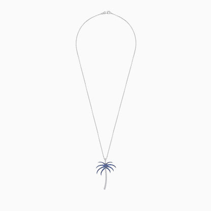 18K White Gold Chain with Palm Tree-Shaped Pendant (40mm) Decorated with Natural Diamond and Blue Sapphire | Al Nakhla Collection