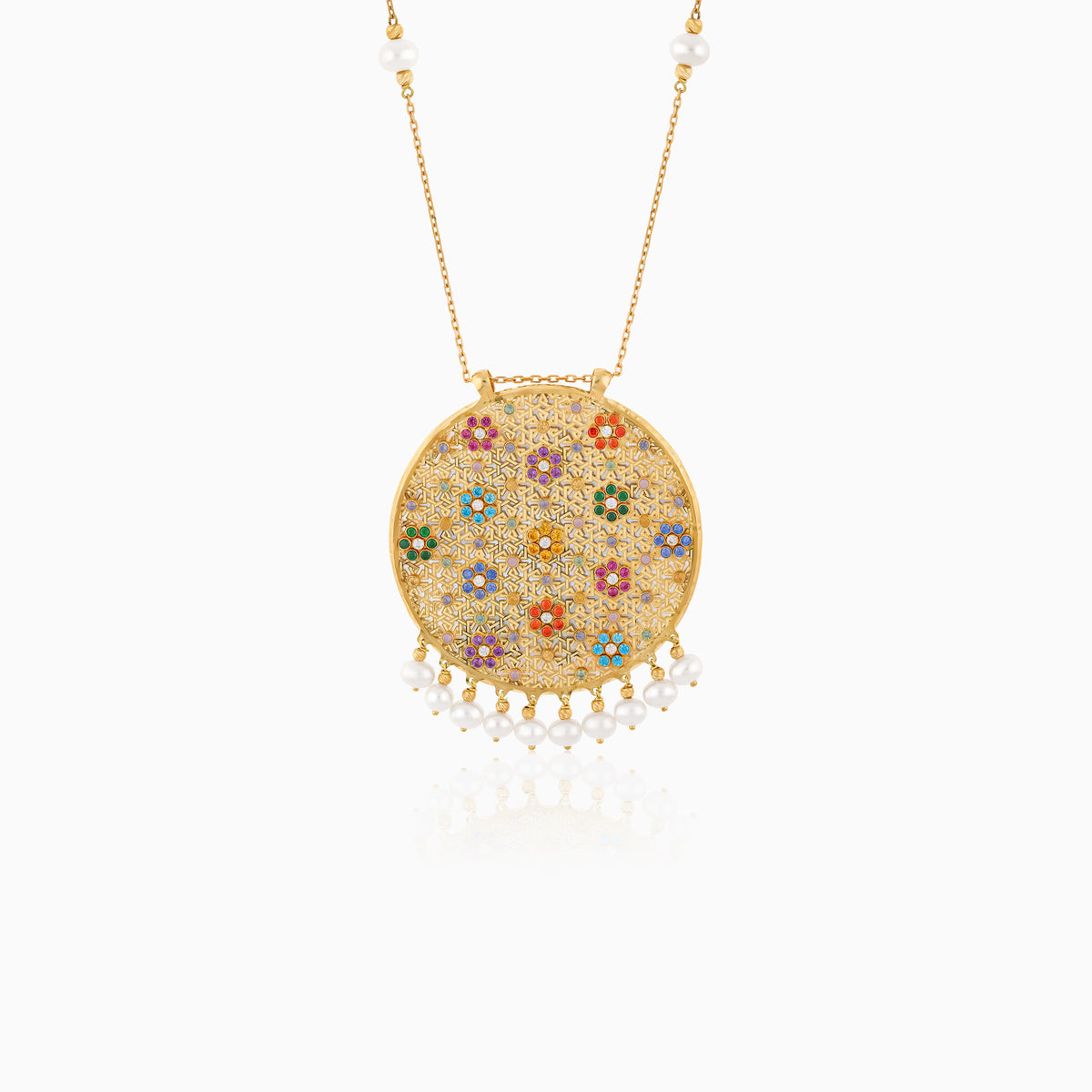 Shamsa Double-Face Pendant with artificial stones and Pearl in 18k Yellow Gold