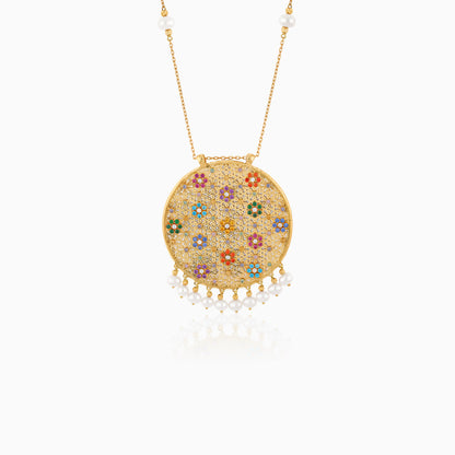 Shamsa Double-Face Pendant with artificial stones and Pearl in 18k Yellow Gold