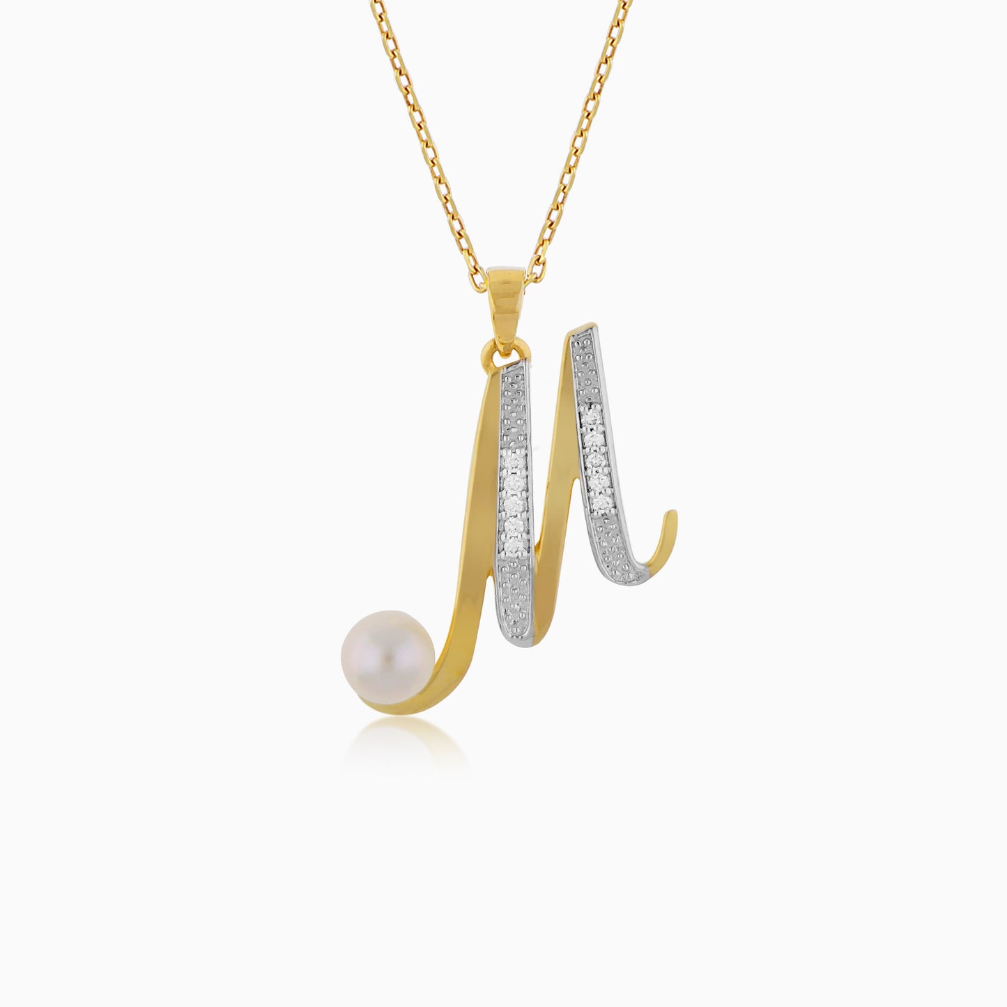 18k Yellow Gold 'M' Letter Necklace With Natural Diamond & Pearl