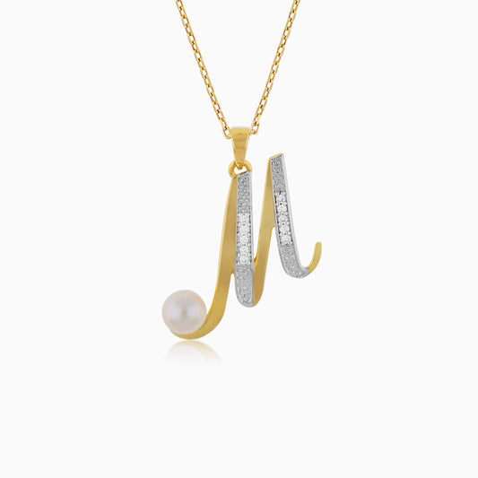 18k Yellow Gold 'M' Letter Necklace With Natural Diamond & Pearl