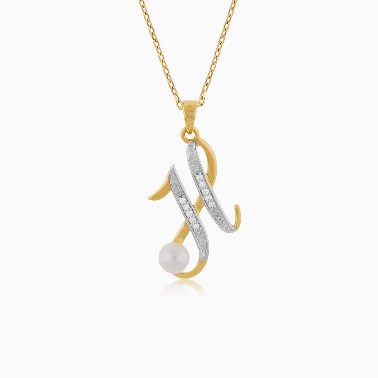 18k yellow gold ‘h’ letter necklace with natural diamond & pearl