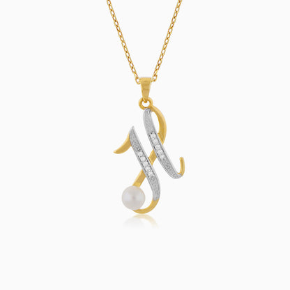 18k yellow gold ‘h’ letter necklace with natural diamond & pearl