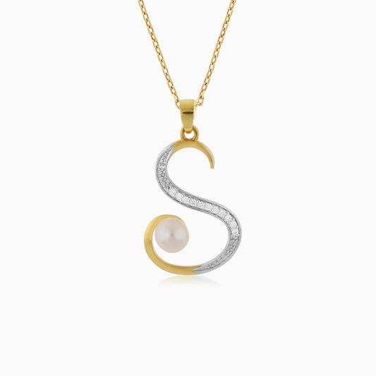 18k Yellow Gold 'S' Letter Necklace With Natural Diamond & Pearl