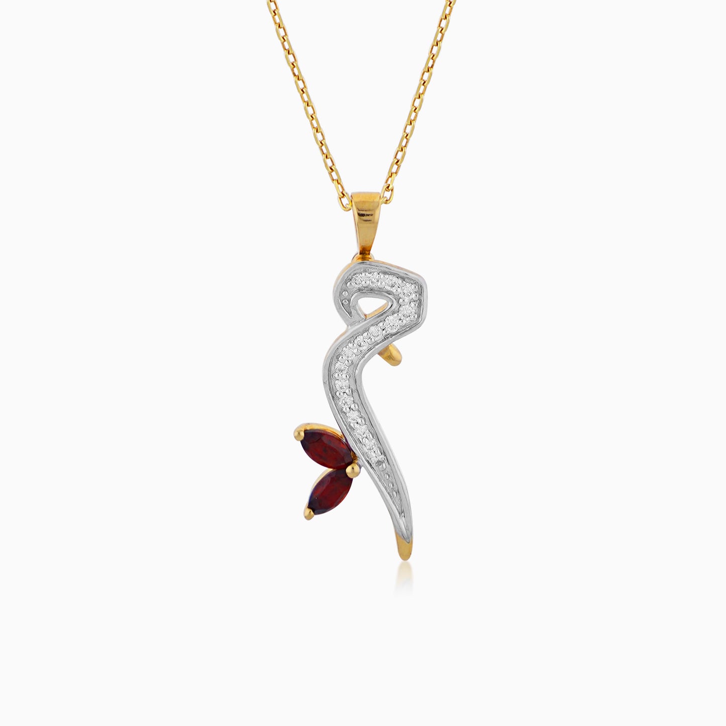 18k Yellow Gold Necklace with letter  'Meem' in Arabic Decorated by Natural diamond and Garnet stones