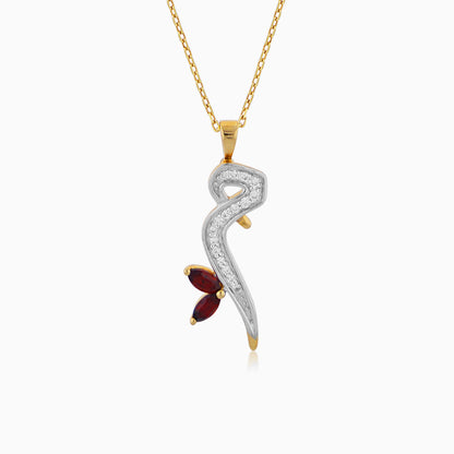 18k Yellow Gold Necklace with letter  'Meem' in Arabic Decorated by Natural diamond and Garnet stones