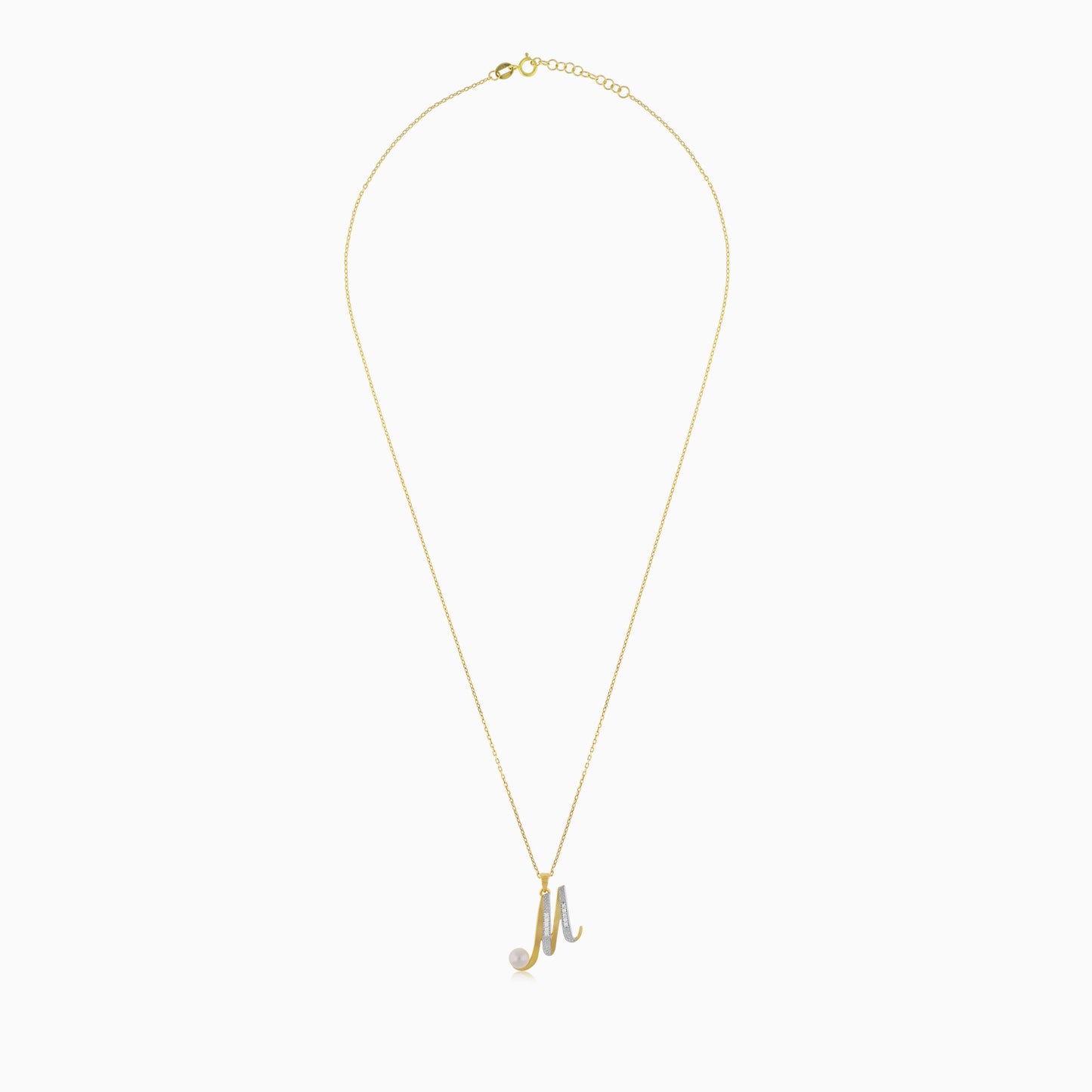 18k Yellow Gold 'M' Letter Necklace With Natural Diamond & Pearl