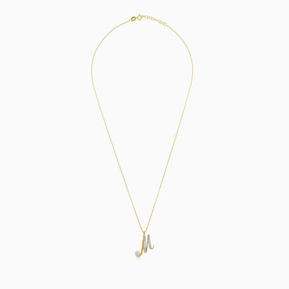 18k Yellow Gold 'M' Letter Necklace With Natural Diamond & Pearl
