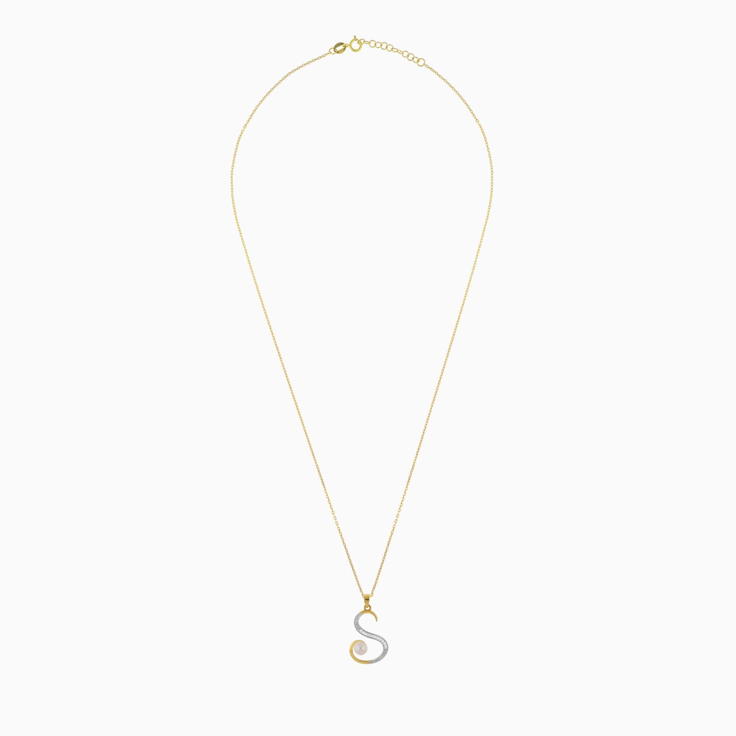 18k Yellow Gold 'S' Letter Necklace With Natural Diamond & Pearl | Alpha Collection