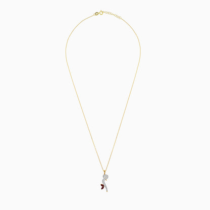 18k Yellow Gold Necklace with letter  'Meem' in Arabic Decorated by Natural diamond and Garnet stones