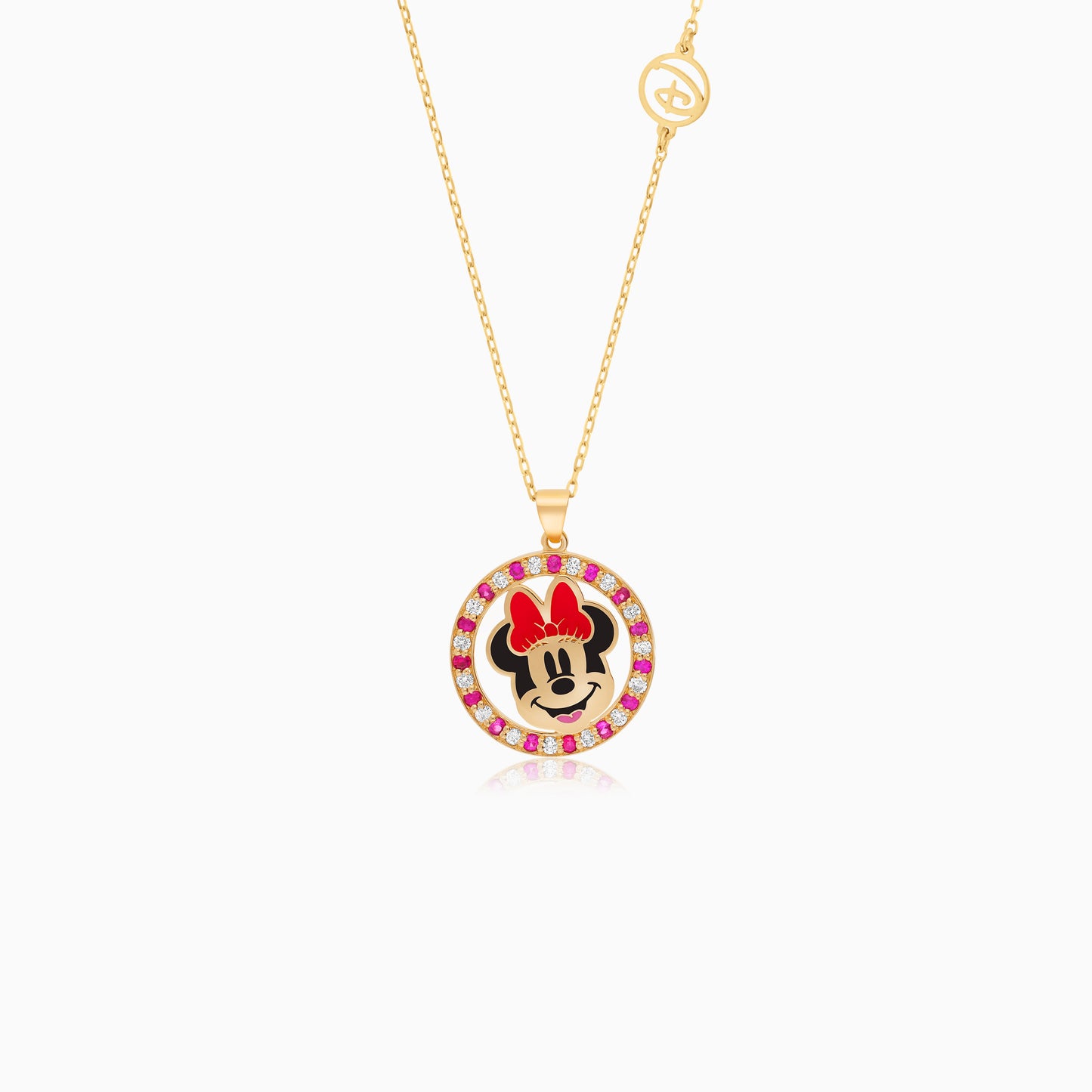 Disney- Mickey & Friends- 18 KT Yellow Gold- Mini Mouse Face- Necklace studded with Natural diamonds, Precious color stones & Enamels