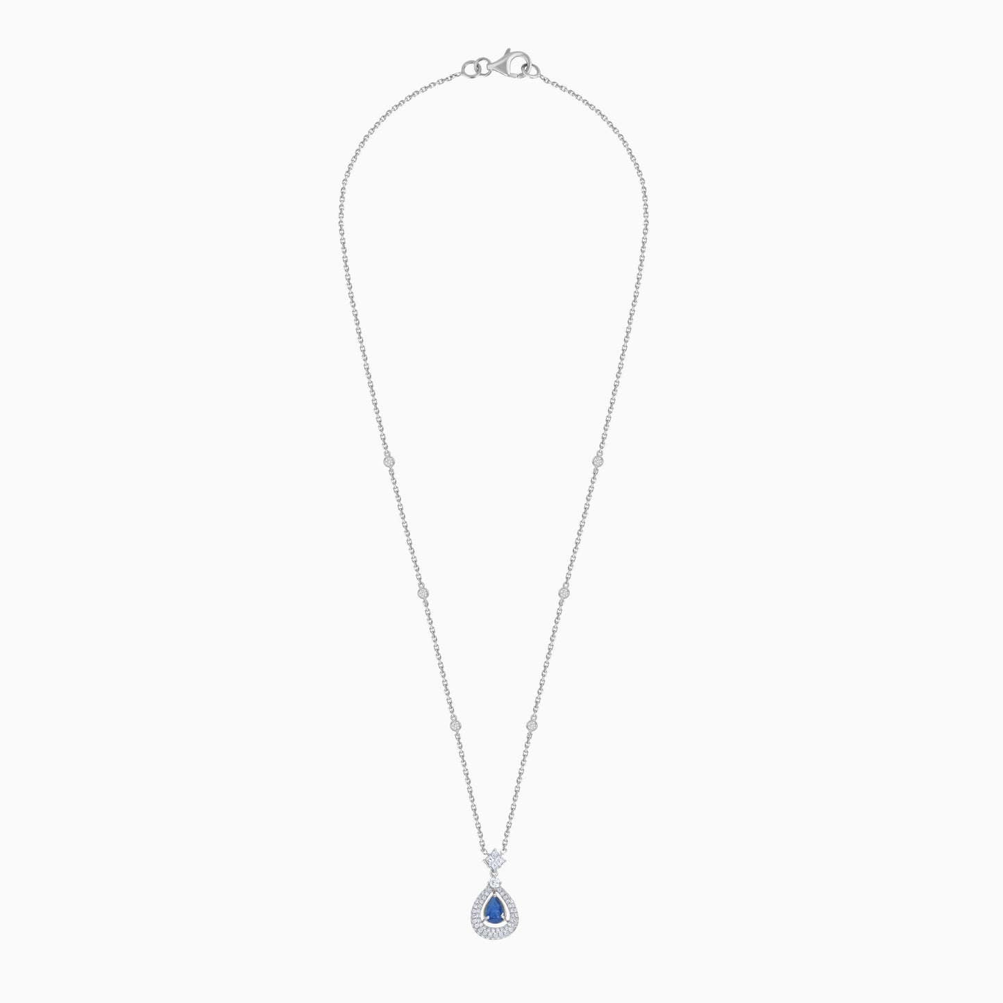 Coloure 18k White Gold Sapphire and Natural Diamond Almond shape Necklace