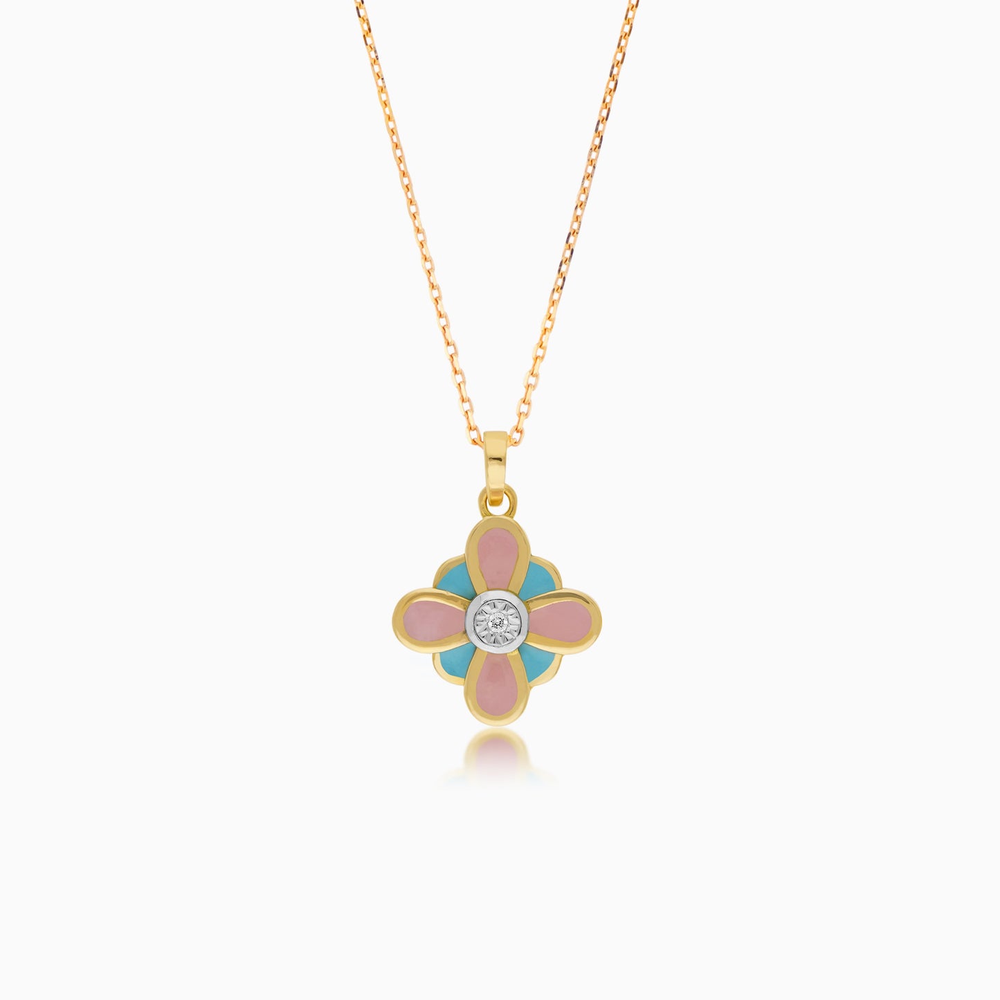 18k Yellow Gold Necklace with Enamel Flower Pendant Decorated with a Natural Diamond | Dalia Kids Collection