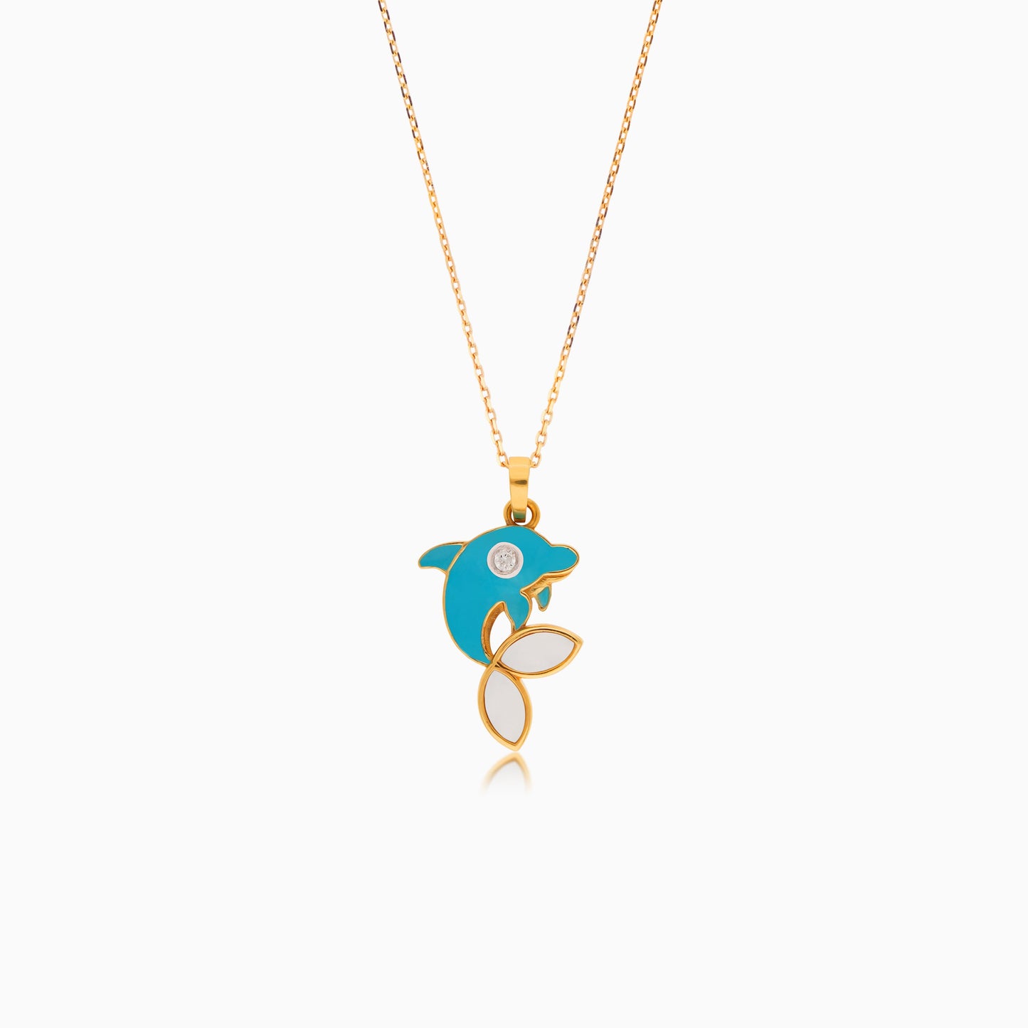 18K Yellow Gold Kids Natural Diamond Necklace with MOP and Enamel Dolphin Shape | Dalia Kids Collection