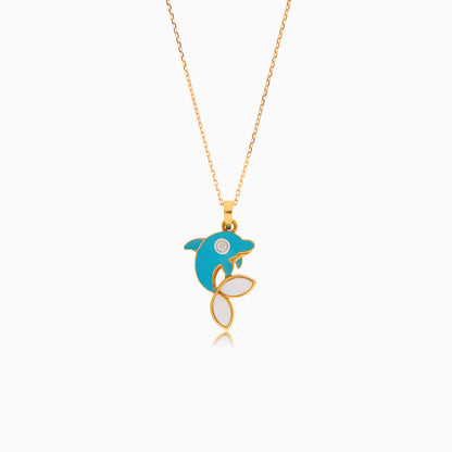 18K Yellow Gold Kids Natural Diamond Necklace with MOP and Enamel Dolphin Shape | Dalia Kids Collection