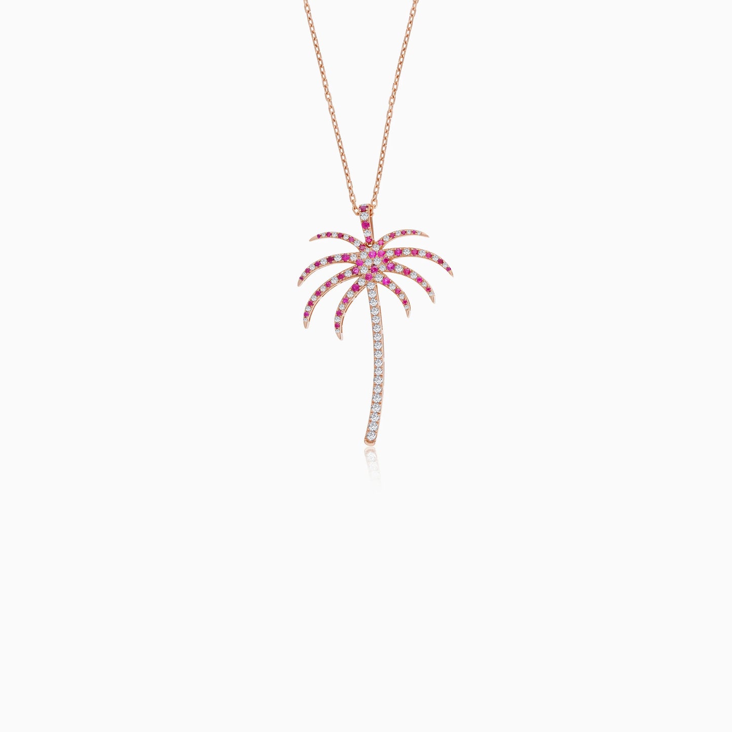 18K Rose Gold Chain with Palm Tree-Shaped Pendant (40mm) Decorated with Natural Diamond and Red Ruby | Al Nakhla Collection