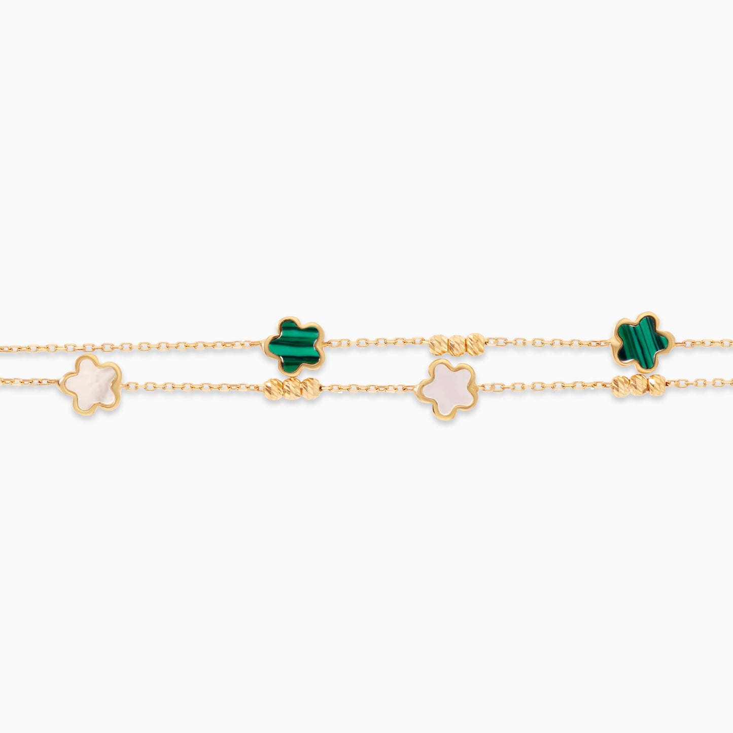 18K Yellow Gold Double-Layer Flower Bracelet with Mother of Pearl and Malachite – Eclat Collection