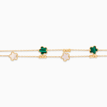 18K Yellow Gold Double-Layer Flower Bracelet with Mother of Pearl and Malachite – Eclat Collection