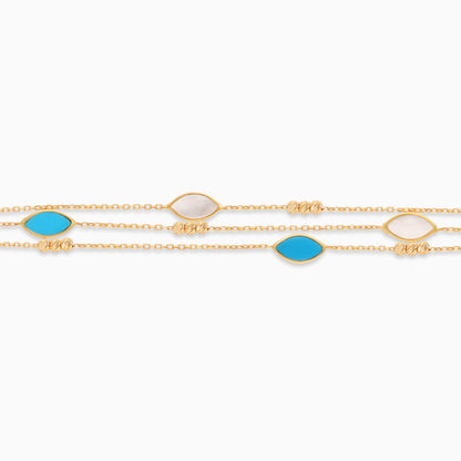18k yellow gold bracelet three-layer decorated with mother of pearl and turquoise stones