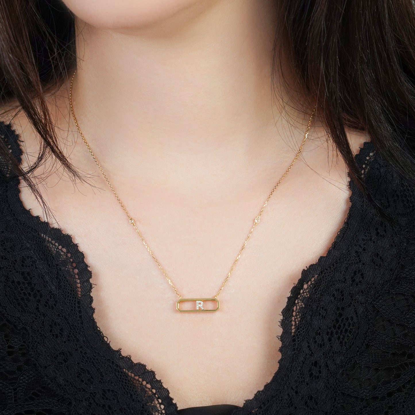 18k Yellow Gold Necklace Letter “R” with Diamonds | Alpha Collection
